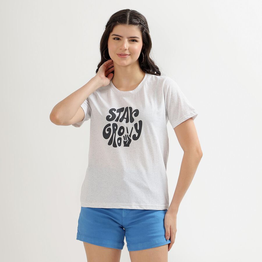 Women's Soft White Round Neck Graphic Print T-Shirt, Ecru Melange, large image number null