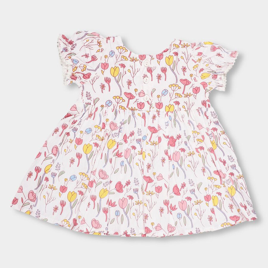 Girls' White Floral Printed Smocked Frock, Pink, large image number null