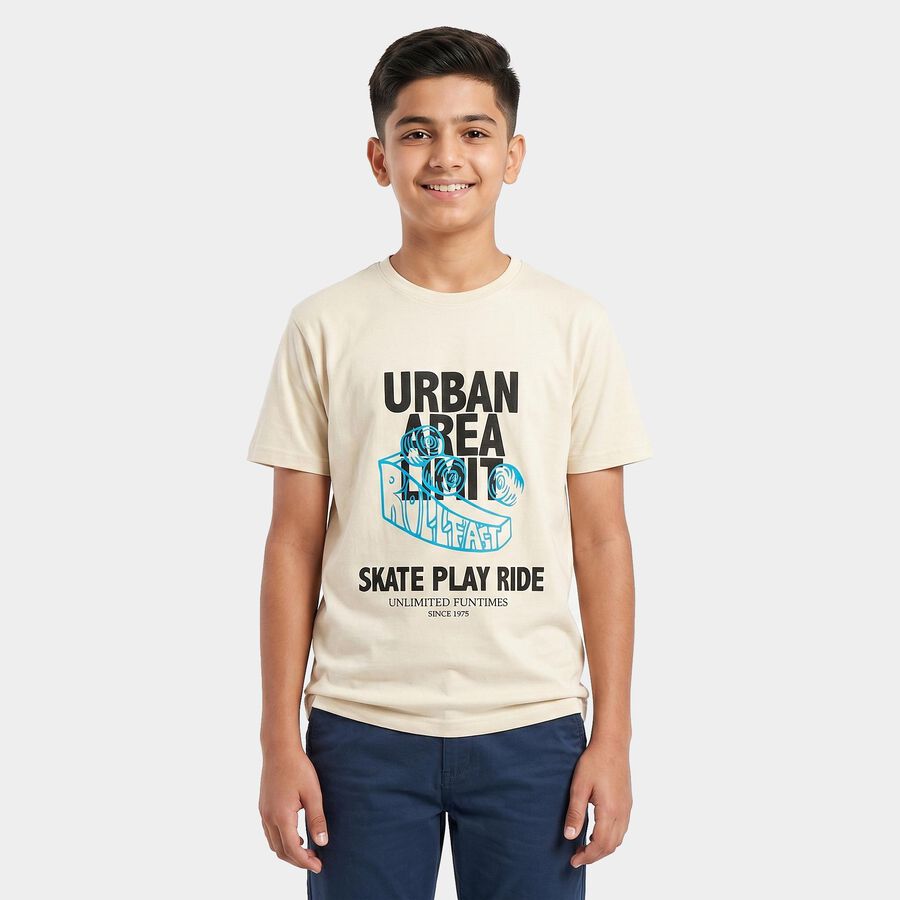 Boys' Off White Round Neck Regular Boys T-Shirt, Off White, large