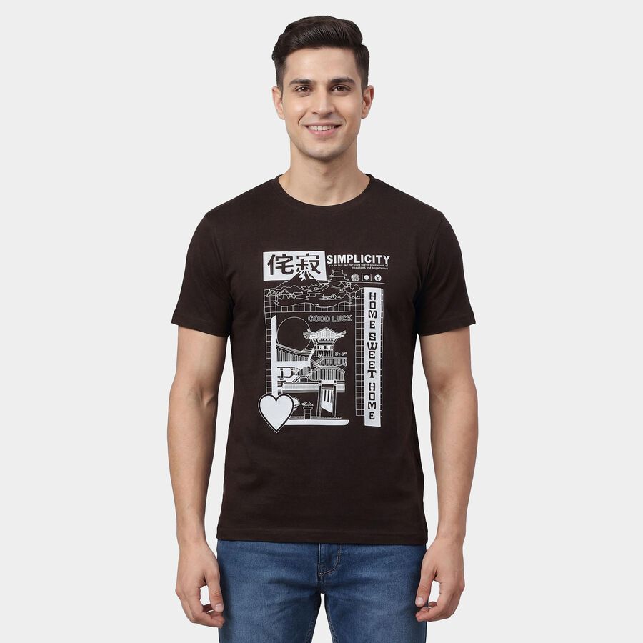 Men's Brown Round Neck Minimalist T-Shirt, भूरा, large