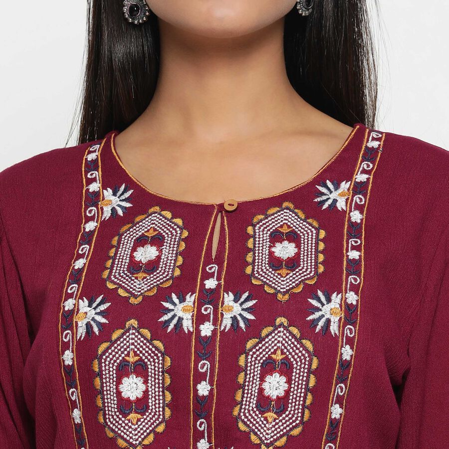 Embroidered Calf Length Dress, वाइन, large image number null