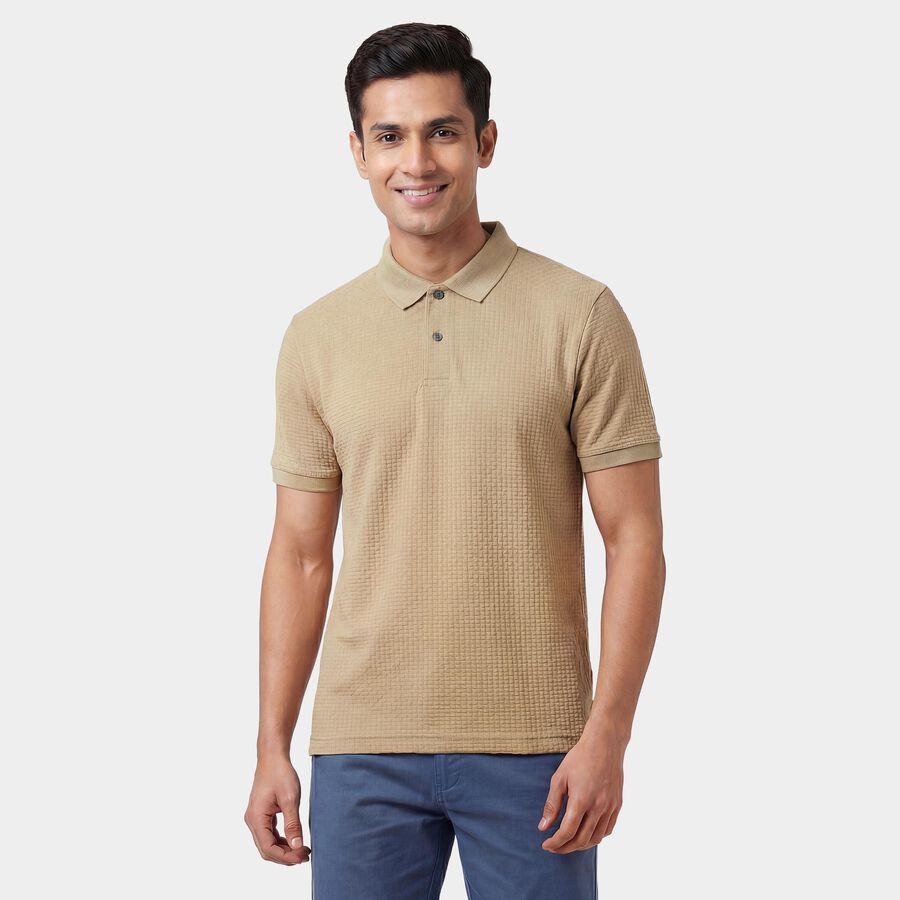Men's Beige Polo Neck Casual Half Sleeve T-Shirt, Beige, large