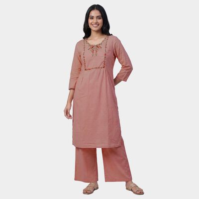 Women's Pink 100% Cotton V-Neck Floral Printed Kurta