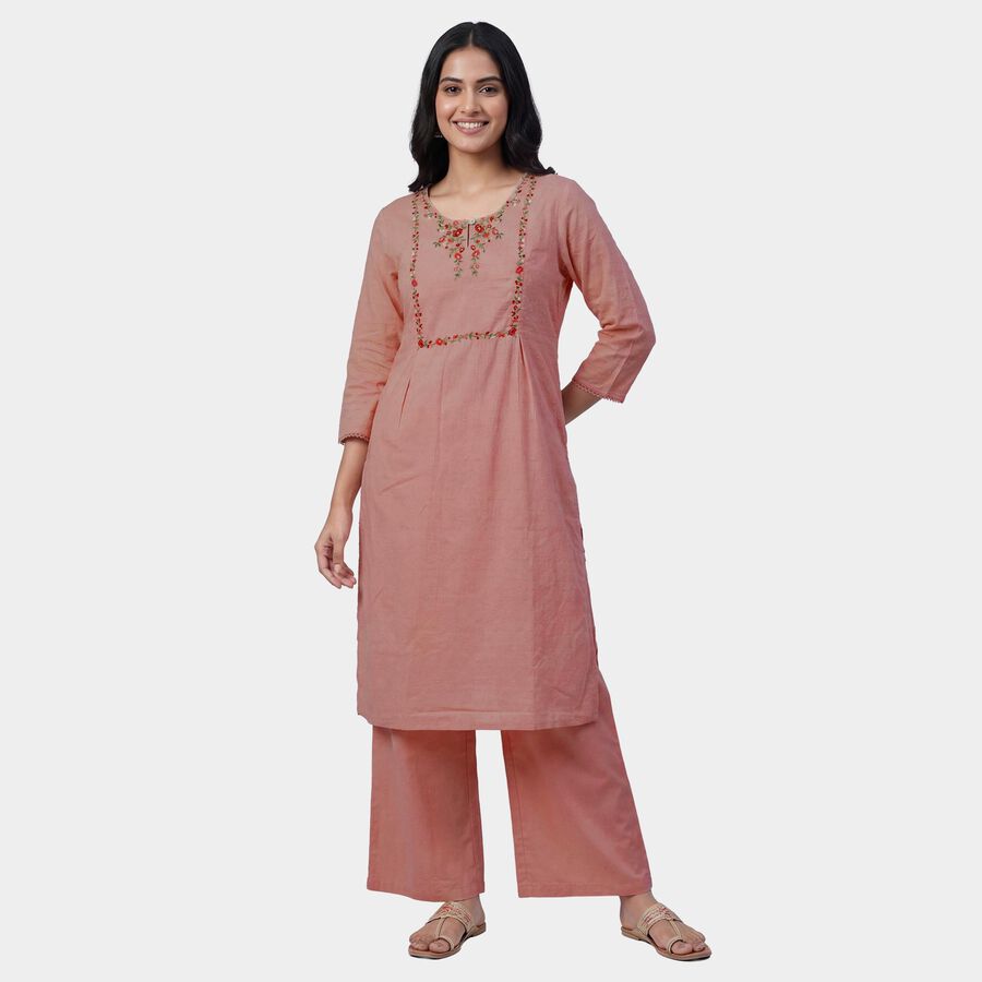 Women's Pink 100% Cotton V-Neck Floral Printed Kurta, गुलाबी, large