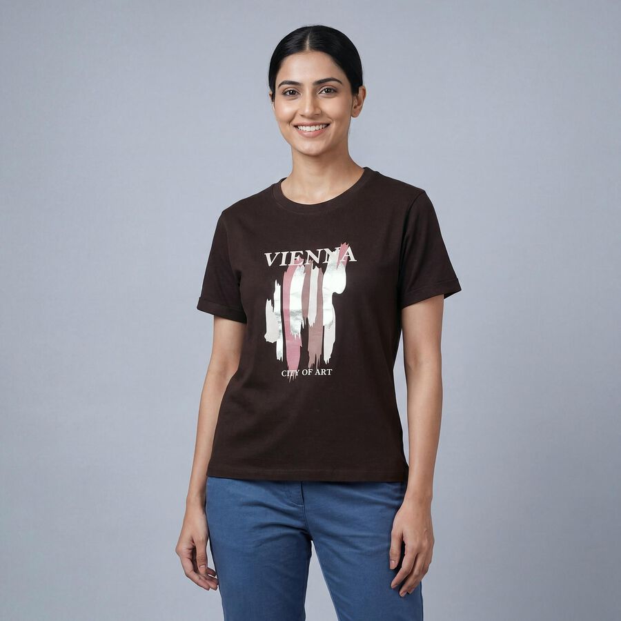 Women's Brown Round Neck Classic T-Shirt, भूरा, large