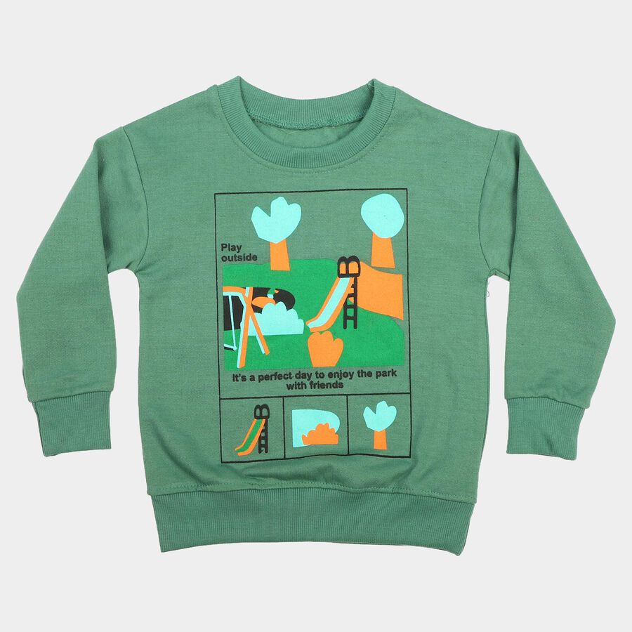 Boys' Green Crew Neck Pullover Sweatshirt, गहरा हरा, large