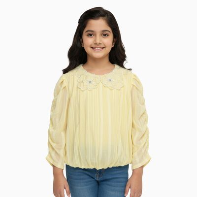 Girls Bright Yellow Decorative Collar Casual T-Shirt