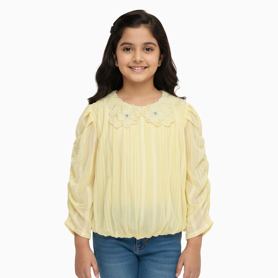 Girls Bright Yellow Decorative Collar Casual T-Shirt, पीला, large