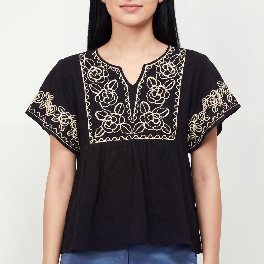 Women's Black Cotton Top, काला, large