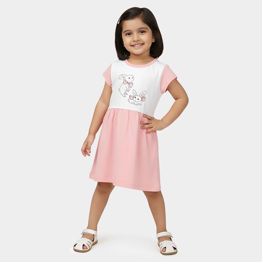 Girls' Pink Fit and Flare Rabbit Printed Frock, गुलाबी, large