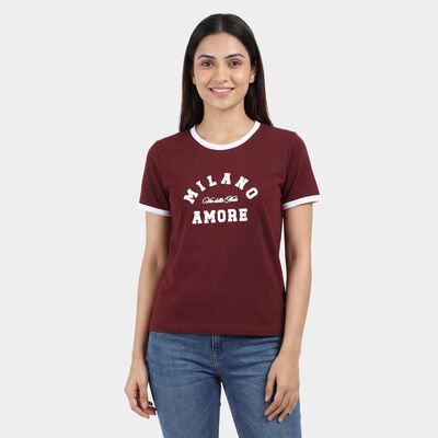 Women's Wine Round Neck Casual T-Shirt