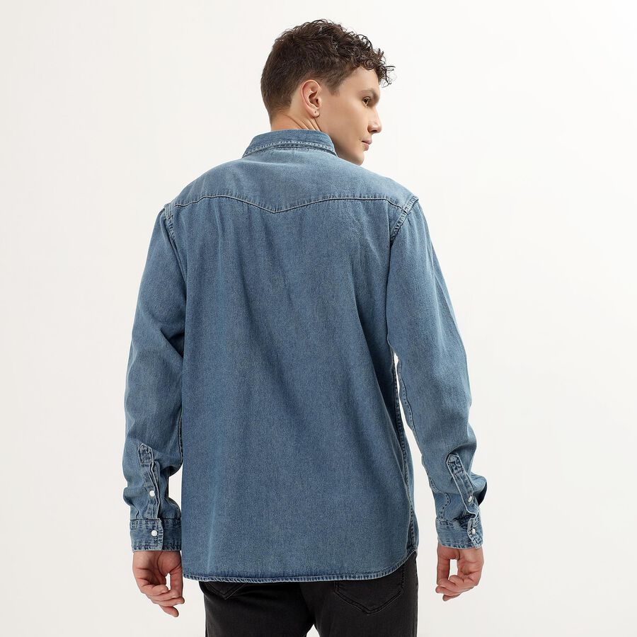 Men's Denim Blue Cotton Classic Collar Casual Shirt, Dark Blue, large image number null