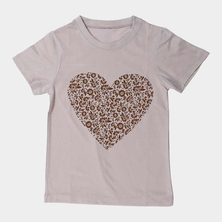 Girls Beige Round Neck Regular T-Shirt, Beige, large