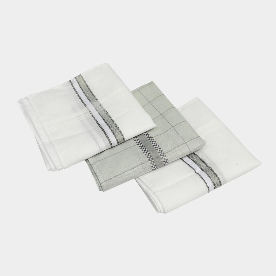 Men's White Checked Pack of 3 Handkerchief, Light Grey, large