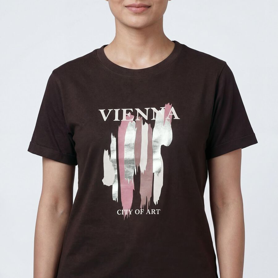 Women's Brown Round Neck Classic T-Shirt, भूरा, large