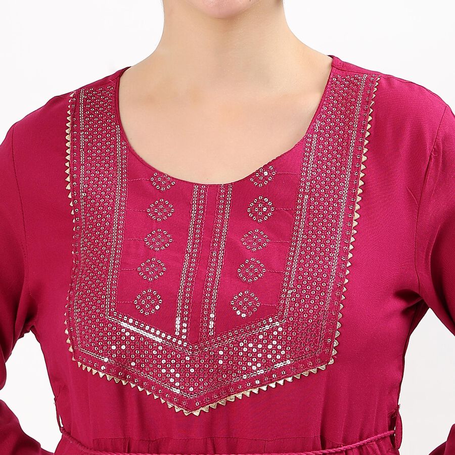 Women's Magenta Round Neck Embroidered Kurta, Fuchsia, large