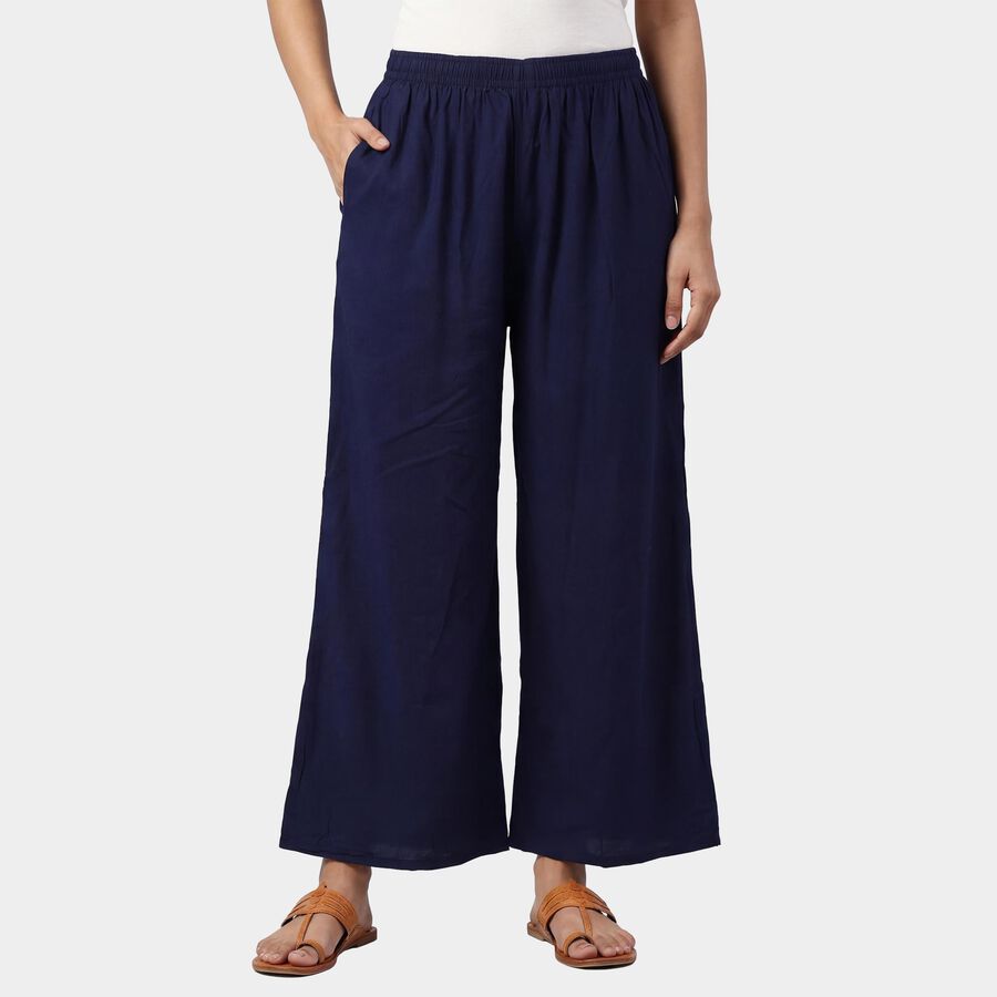 Women's Dark Blue Relaxed Fit Floral Printed Palazzos, Dark Blue, large