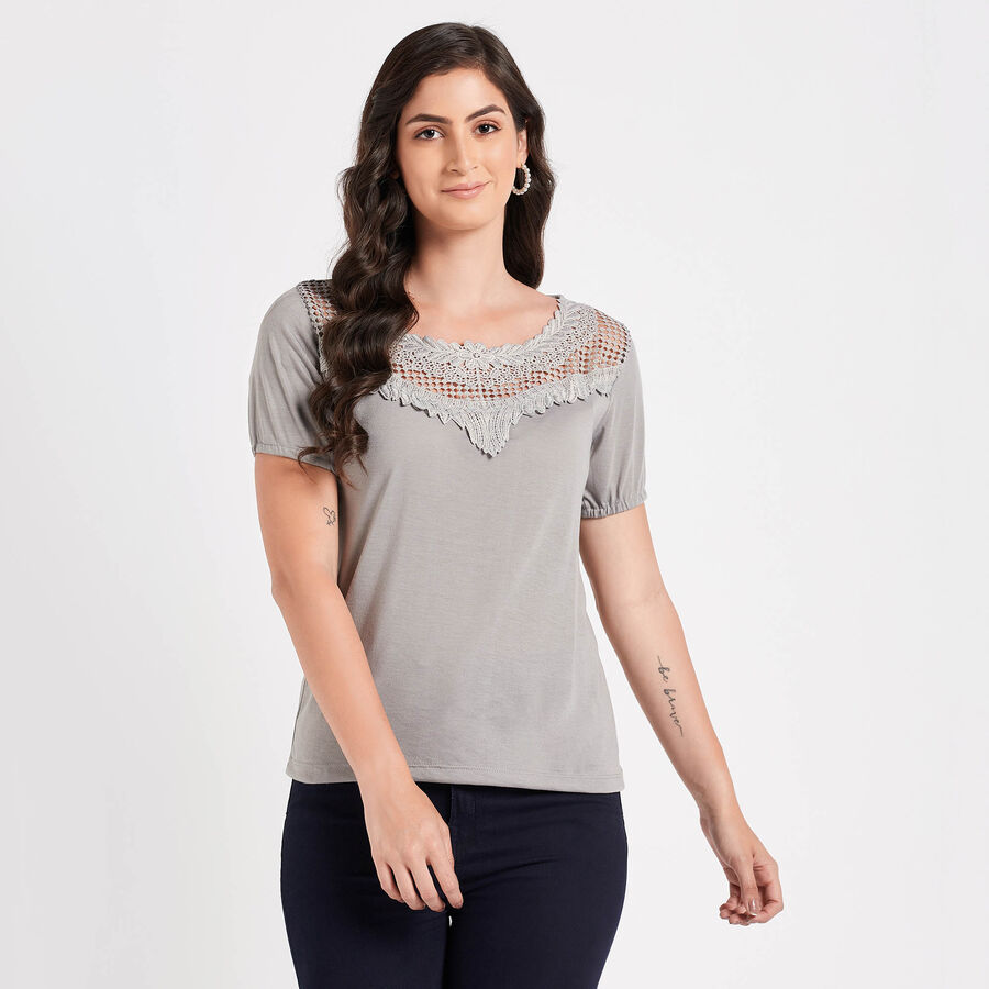 Embellished Short Sleeve Top, Dark Grey, large image number null