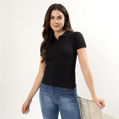 Women's Deep Jet Black Cotton Blend Polo Collar Preppy Polo T-Shirt