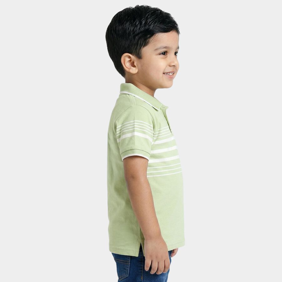 Boys Green Cotton Polo Neck Striped T-Shirt, Light Green, large