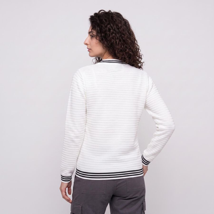 Women Off White Textured Round Neck Button-Front Cardigan, Off White, large