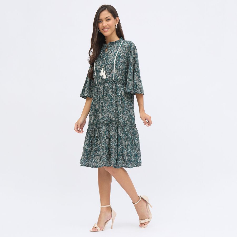 Women's Muted Forest Green Round Neck Bohemian Dress, Dark Green, large image number null