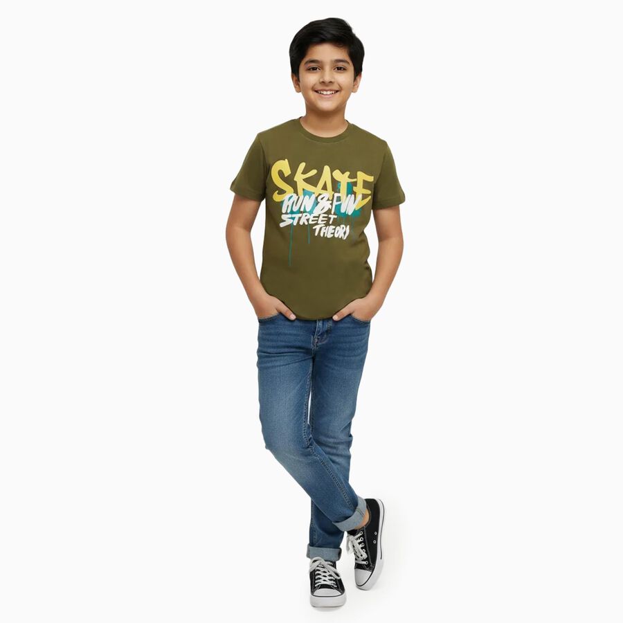 Boys Muted Olive Green Round Neck Casual T-Shirt, Olive, large