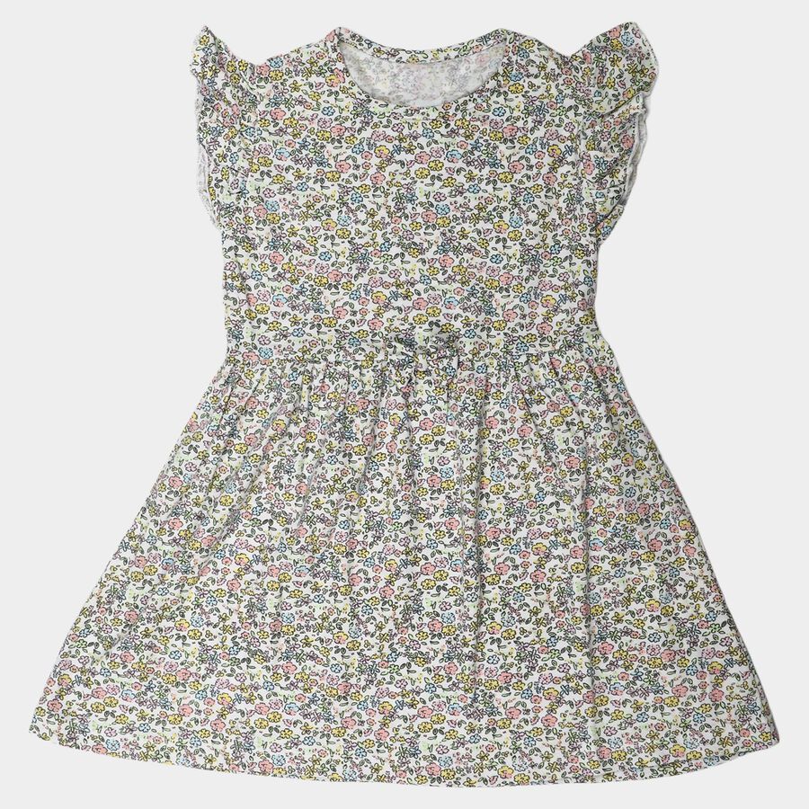 Girls' Cream Floral Printed Fit and Flare Frock, ऑफ व्हाइट, large