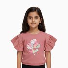 Girls' Dusty Rose Pink Round Neck Ruffle Sleeve Embroidered T-Shirt, गुलाबी, small