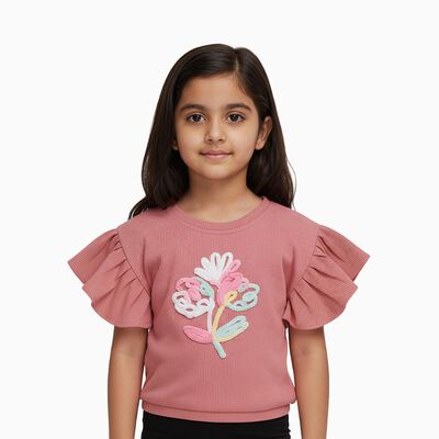 Girls' Dusty Rose Pink Round Neck Ruffle Sleeve Embroidered T-Shirt