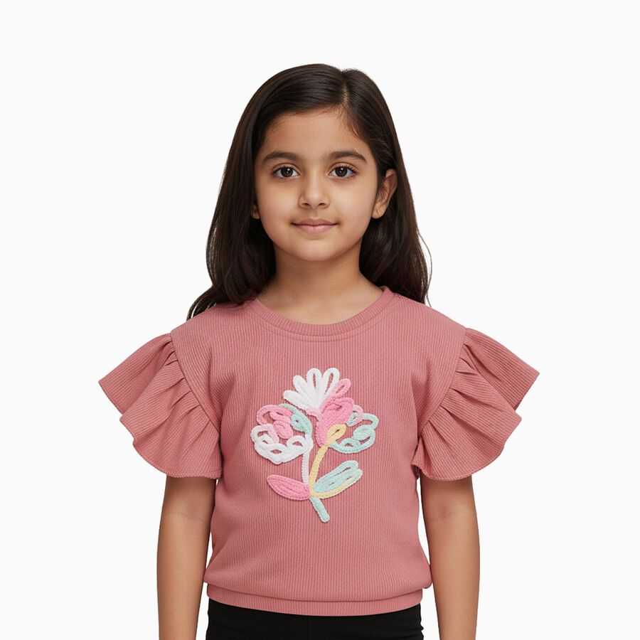 Girls' Dusty Rose Pink Round Neck Ruffle Sleeve Embroidered T-Shirt, गुलाबी, large