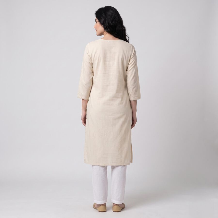 Women's Beige Round Neck Embroidered Straight Kurta, Beige, large