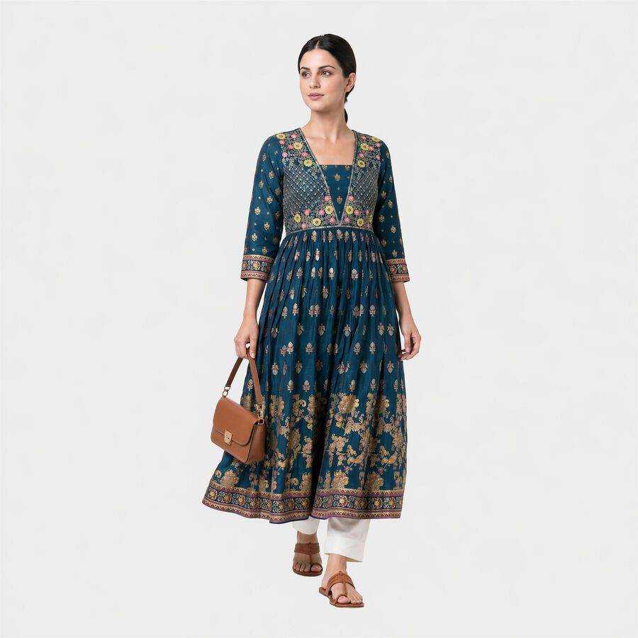 Women's Navy Blue Square Neck Embroidered Kurta, Navy Blue, large