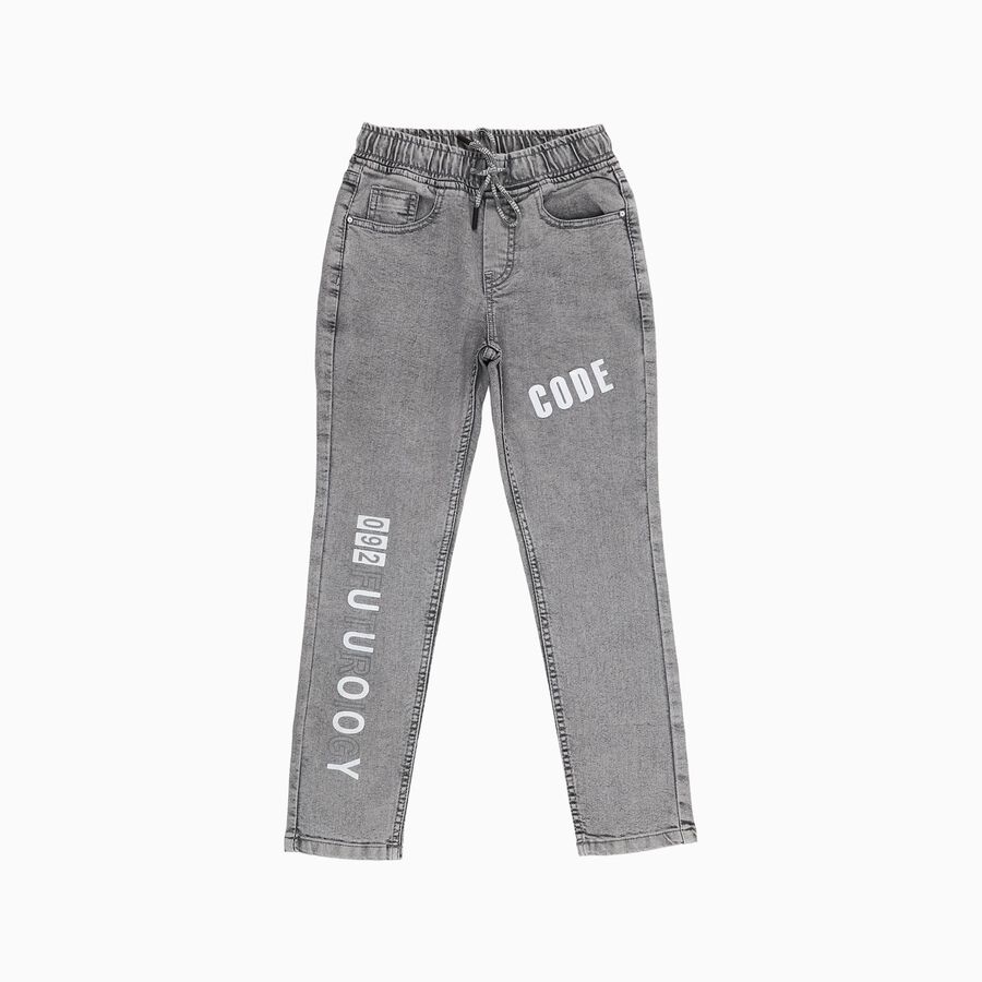 Boys Muted Grey Regular Fit Printed Jogger Jeans, Light Grey, large image number null