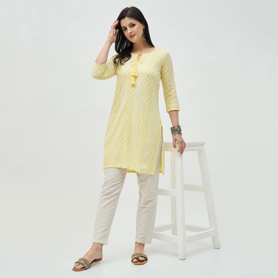 Women's Soft Lemon Yellow Round Neck Printed Kurta, पीला, large