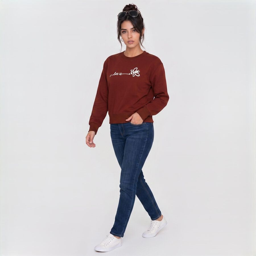 Women Maroon Crew Neck Pullover Sweatshirt, Rust, large