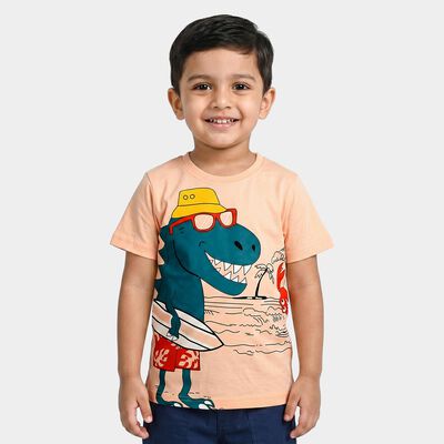 Boys Peach Cotton Round Neck Regular Boys T-Shirt