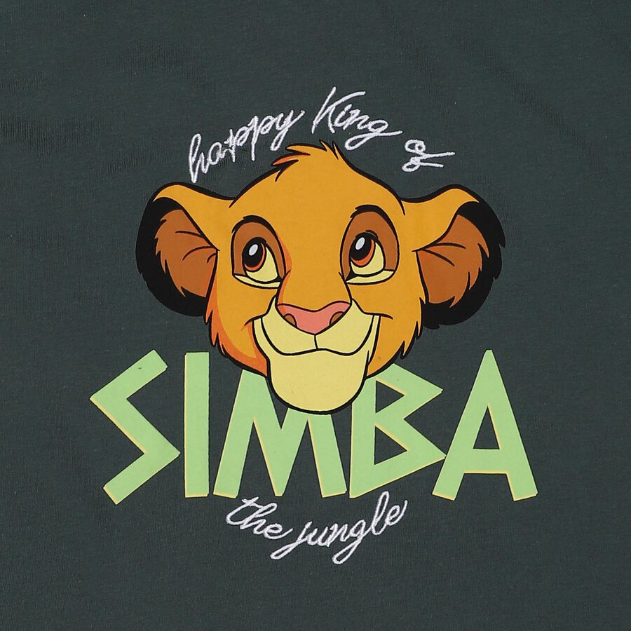 Boys' Olive Cotton Round Neck Simba Printed T-Shirt, ओलिव, large