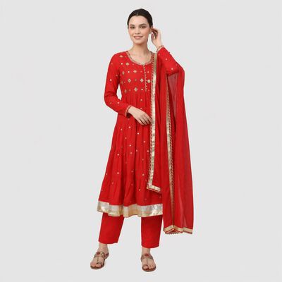Women's Red Cotton Round Neck Embellished Flared Kurta