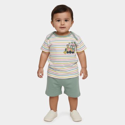 Infants Green 100% Cotton Round Neck Train Printed Baba Suit