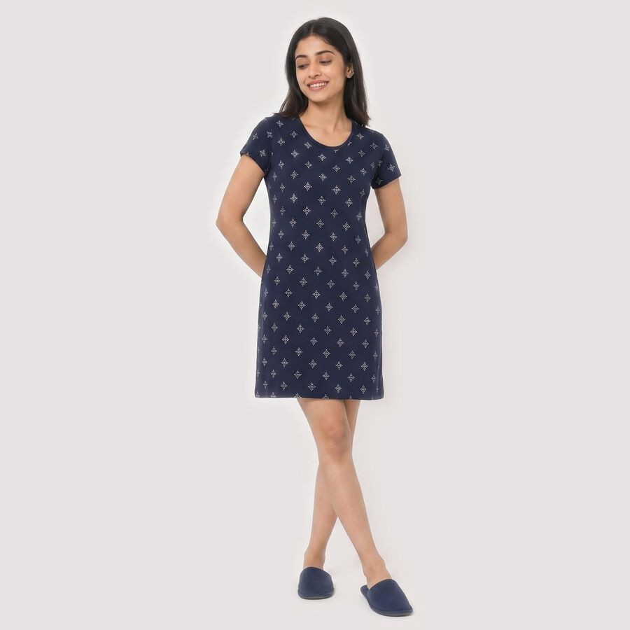 Women's Navy Blue Round Neck T-Shirt Style Nighty, Navy Blue, large