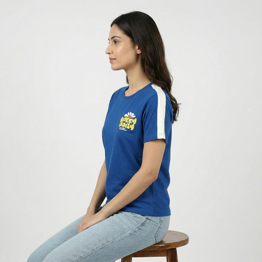 Women's Blue Round Neck Casual T-Shirt, Blue, large