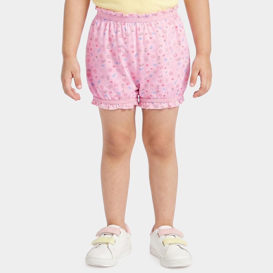 Girls Pink Ruffled Printed Bloomer Shorts, Light Pink, large