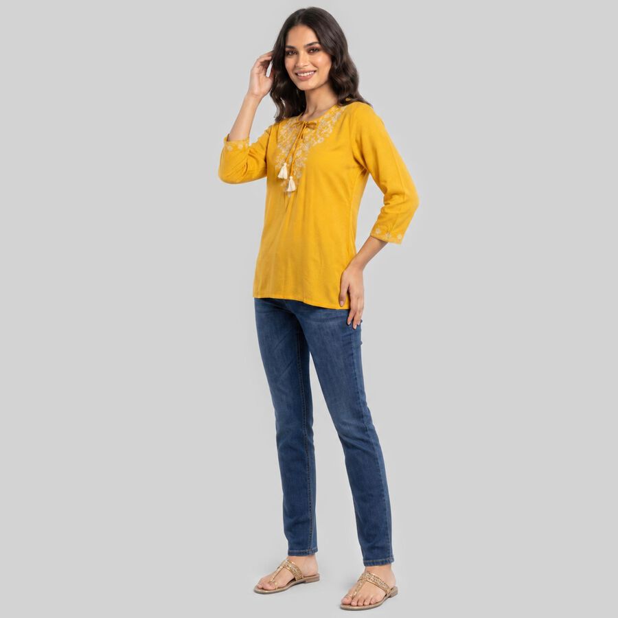 Women's Yellow Solid Straight Kurti, Yellow, large