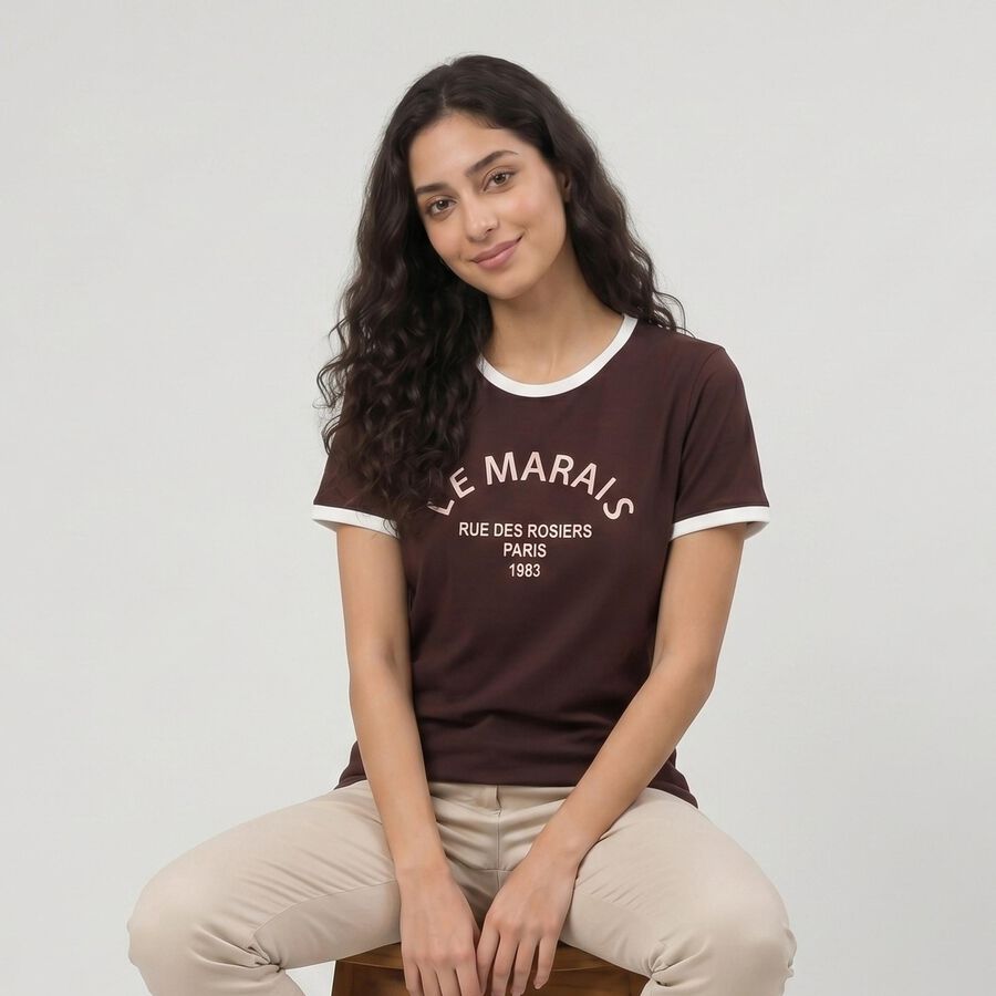 Women Wine Round Neck Regular T-Shirt, Wine, large