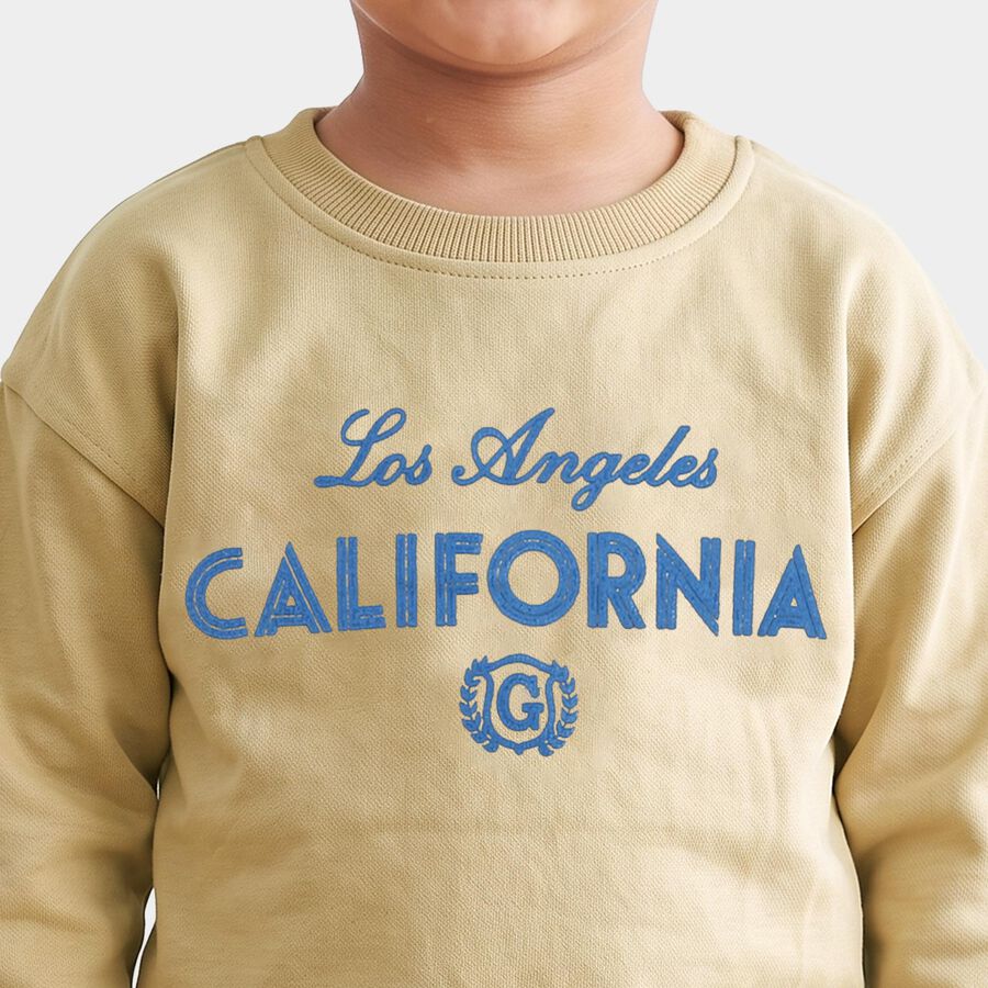 Boys Beige Round Neck Graphic Print Sweatshirt, Khaki, large