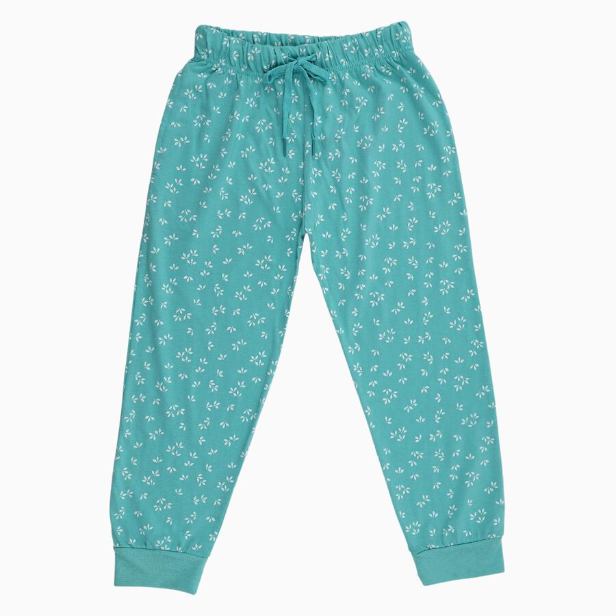 Girls' Teal Floral Printed Cotton Blend Pyjama, Light Green, large image number null
