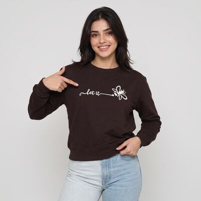 Women Brown Crew Neck Pullover Sweatshirt