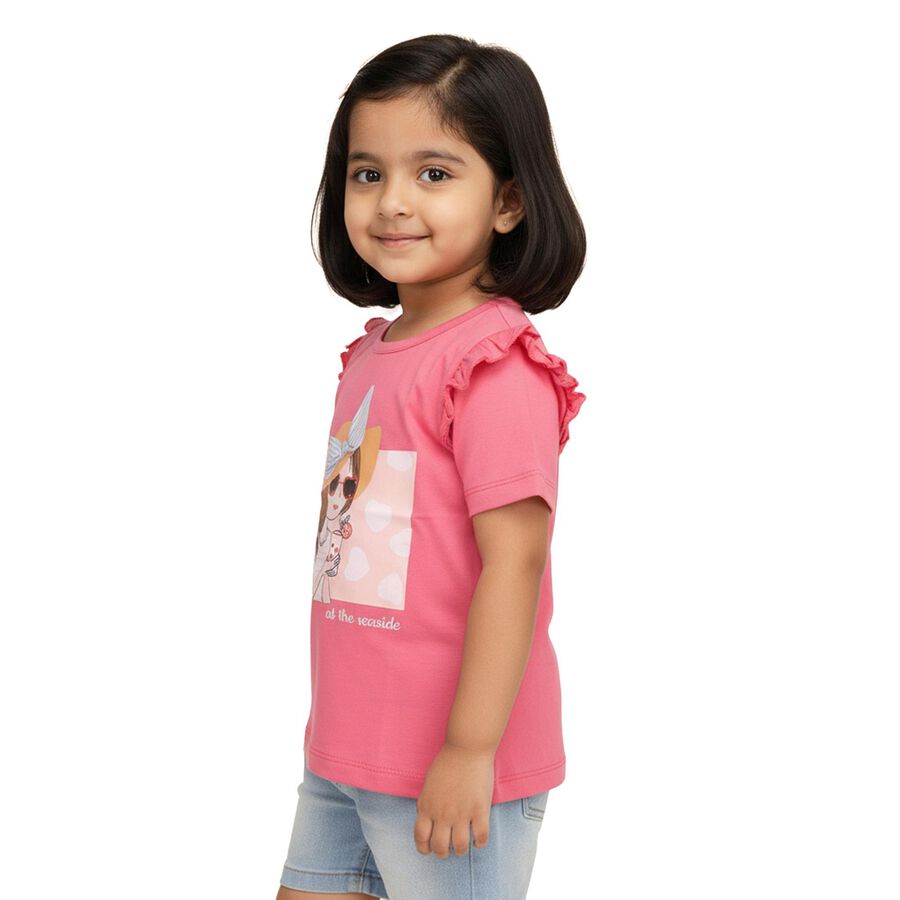 Girls Bright Pink Cotton Round Neck Casual T-Shirt, गुलाबी, large