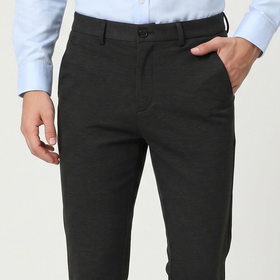 Men's Charcoal Slim Fit Flat-Front Trousers, चारकोल, large